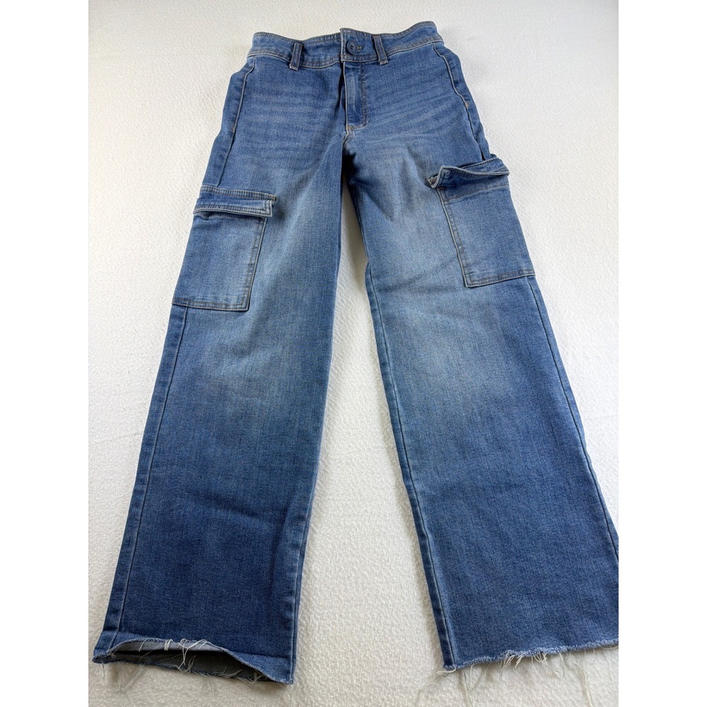 OAT New York Womens Wide Leg Cargo Jeans Medium Wash Raw Hem Size 2/26 P0060